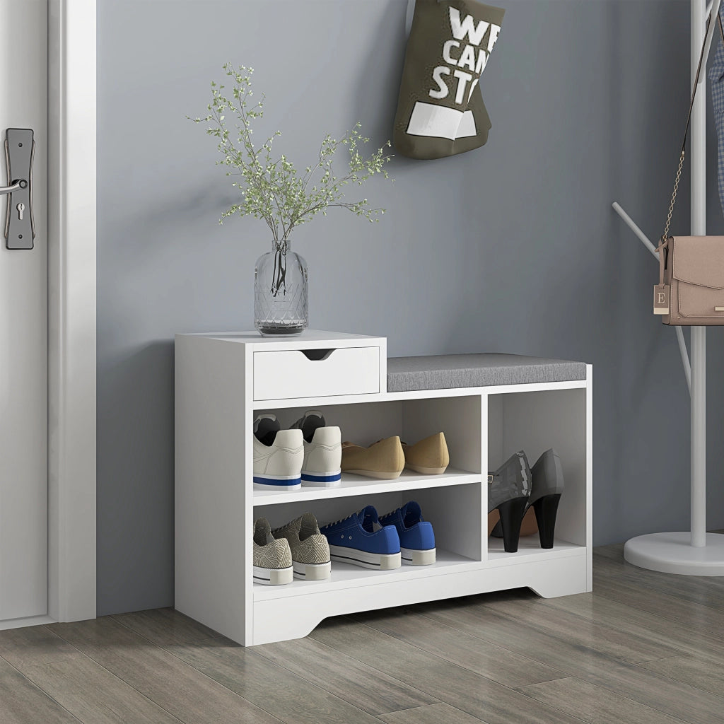 Scarpiera con Banco 1 Cassetto 3 Scomparti ¨C Zephmum ¨C MDF Bianco 76.5x30x52 cm