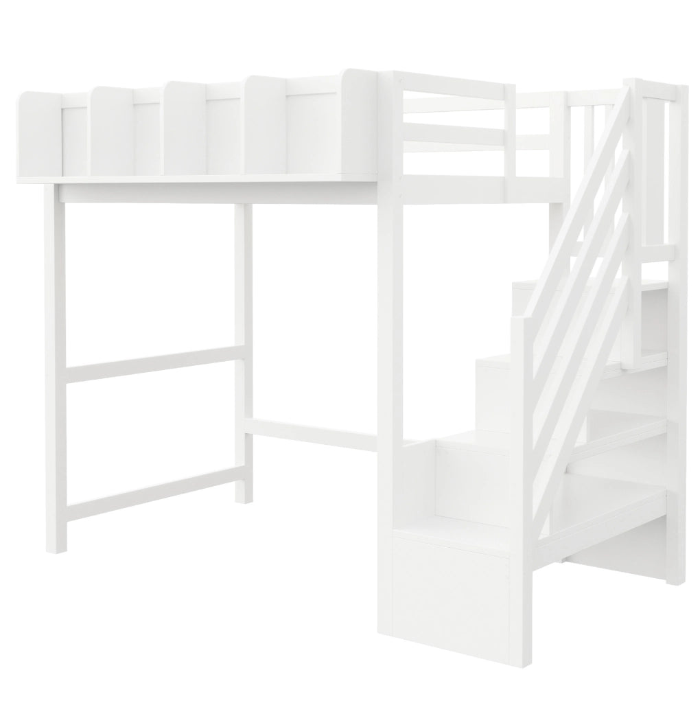 Letto a soppalco ULEVR 90x200 cm con LED, vani integrati, scala laterale e barriera di sicurezza, bianco