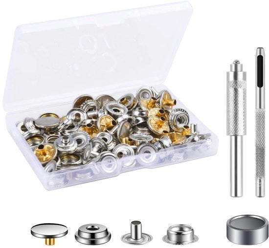 Set di Viti a Pressione 25 Pezzi - Viti a Pressione 15 mm - Chiusure a Pressione Professionali - Kit di Accessori Incluso - Scatola di Ripostiglio - Ideale per Abbigliamento e Progetti DIY - Viti a Pressione a Snodo