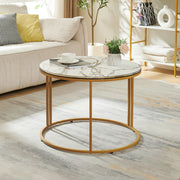 Tavolino Basso da Caffè 'Aulum' Piano Rotondo - Effetto Marmo Bianco / Dorato [en.casa]