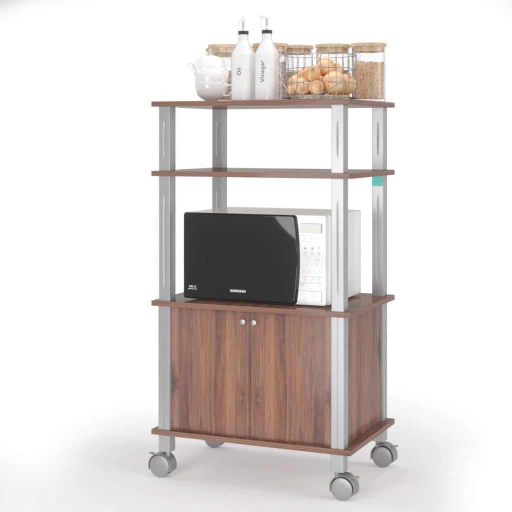 Carrello a rotelle a microonde, carrello da cucina a microonde, con 4 ruote e 2 freni, ripiano portaoggetti a 3 livelli e armadio ante,60 x 40 x 98 cm (Marrone)