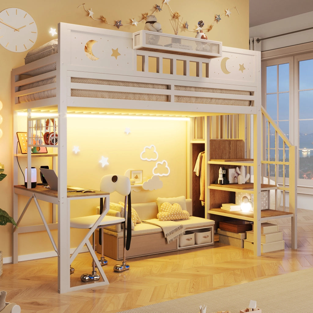 Letto a soppalco 90x200 cm con scrivania; pannello pegboard; ripiani; LED e USB; metallo bianco