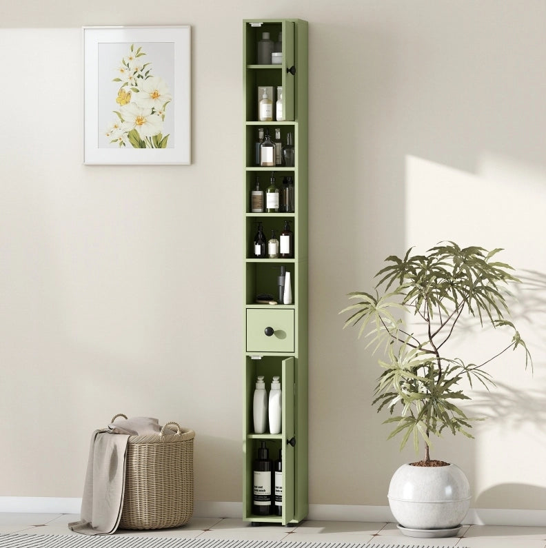 Mobile bagno alto e slim con cassetto e 4 ripiani aperti, 180x20x20 cm, verde