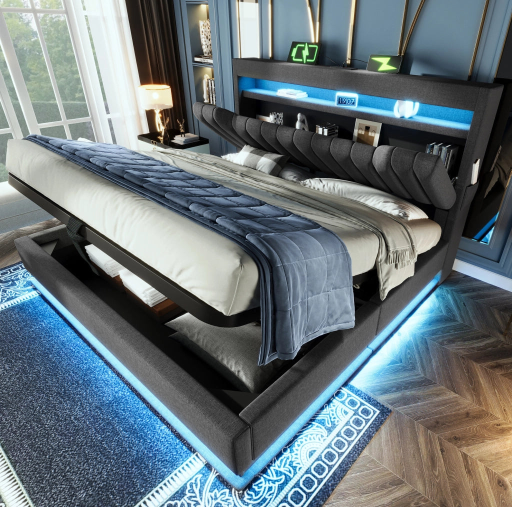 Letto matrimoniale 180x200 cm in lino grigio con LED; USB; Type-C e contenitore idraulico