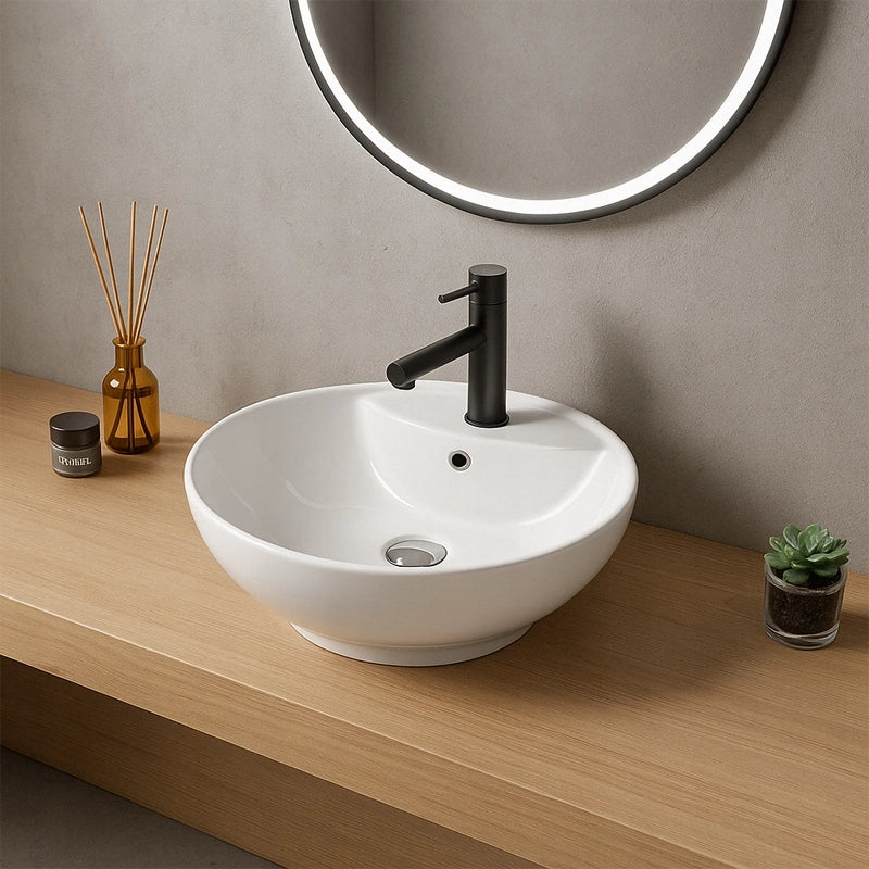 LAVABO DA APPOGGIO OVALE IN CERAMICA BIANCA LOFT  LUCIDA CON FORO DI TROPPO PIENO