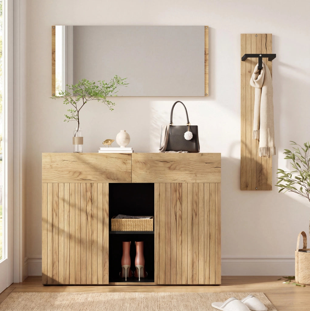 Set ingresso 3 pezzi con scarpiera; appendiabiti e specchio; 125x35x178 cm; MDF e truciolare