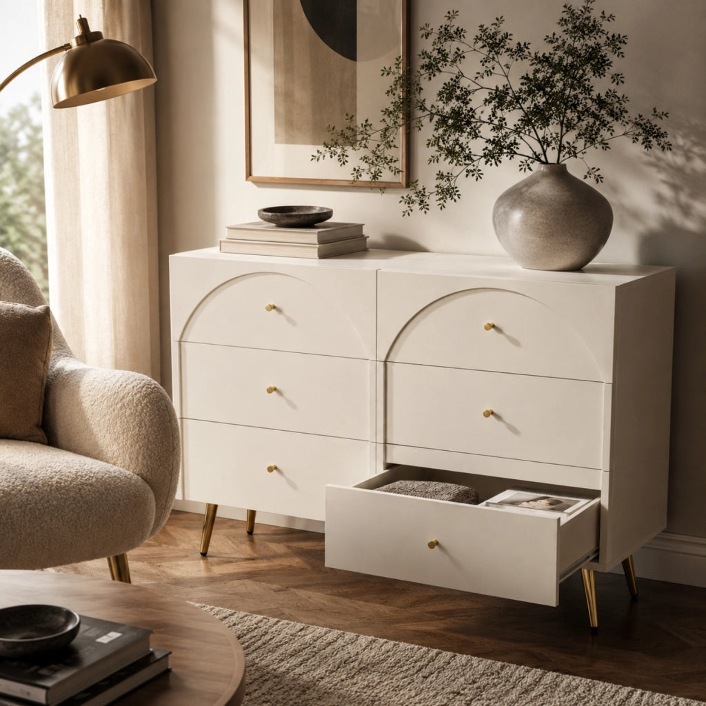 Cassettiera Capiente Con 6 Cassetti Mobile Design Moderno Minimal Per Camera Da Letto Ingresso Cameretta E Stanza Ospiti Dotata Di Piedini E Dettagli Oro 120 X 40 X 85 Cm Bianco