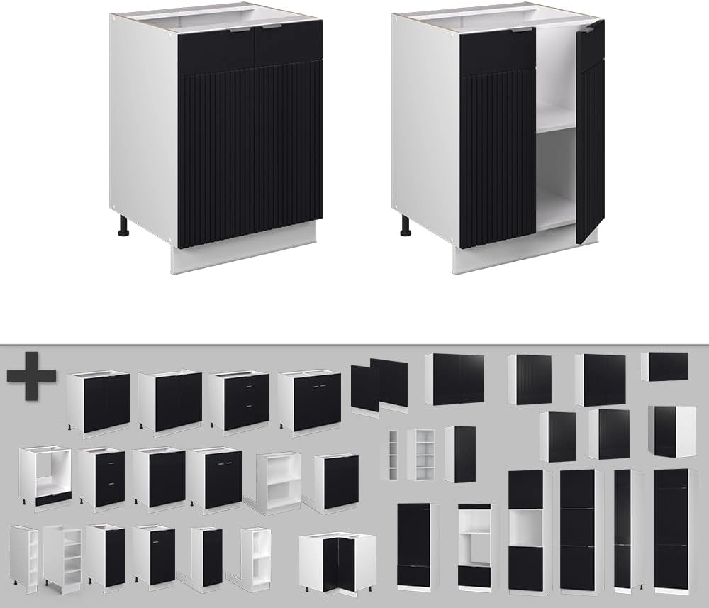 Mobiletto base cucina Fame-Line, Nero a righe, 60 cm, PL Rovere, per la combinazione con altri moduli della serie Fame-Line