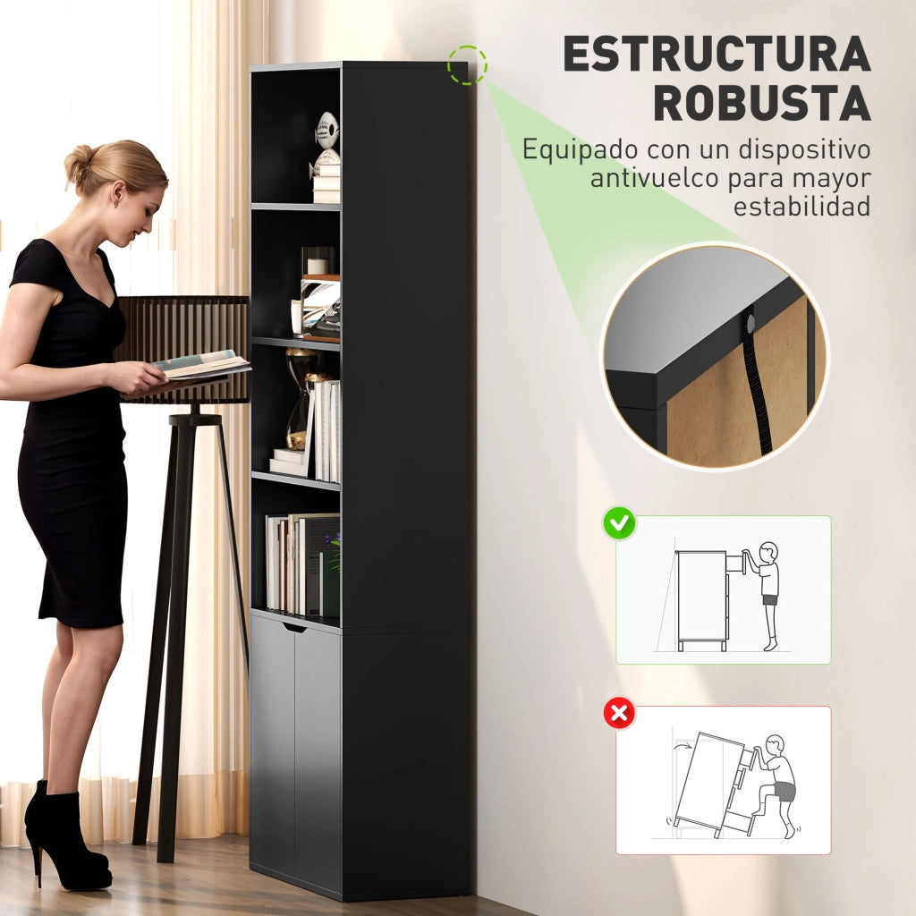 Libreria con Ante e Ripiani Aperti ¨C Zephmum ¨C Nero 59x29x180 cm