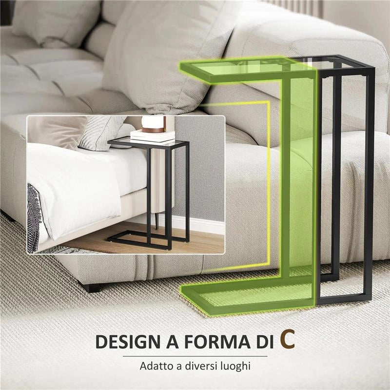 TAVOLINO DA CAFFÈ IN VETRO E ACCIAIO A FORMA DI C 46X25X63.5 CM NERO