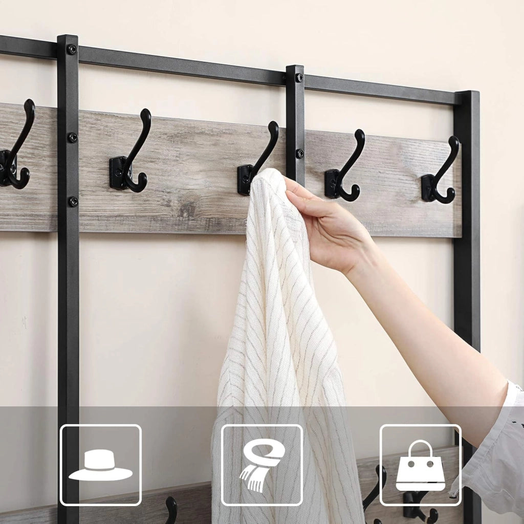 VASAGLE Appendiabiti con Panca Scarpiera, Attaccapanni con 12 Ganci e Ripiani, Scaffale per Corridoio, Ufficio, Camera da Letto, Struttura in Acciaio, Stile Industriale, Greige e Nero HSR086B02