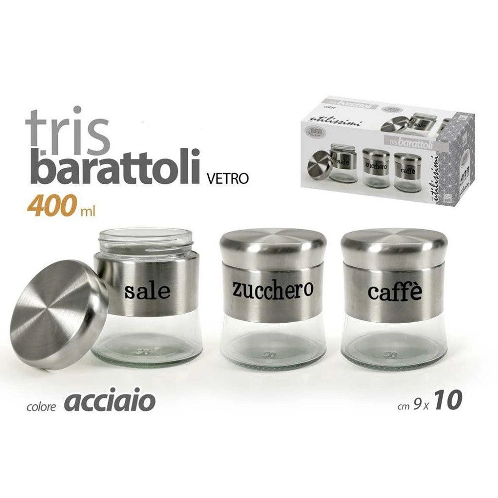 Trade Shop - Tris Barattoli Colore Acciaio In Vetro 9x10cm 400 Ml Sale Zucchero Caffe' 816604 -