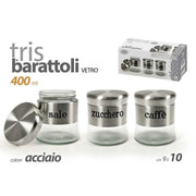 Trade Shop - Tris Barattoli Colore Acciaio In Vetro 9x10cm 400 Ml Sale Zucchero Caffe' 816604 -