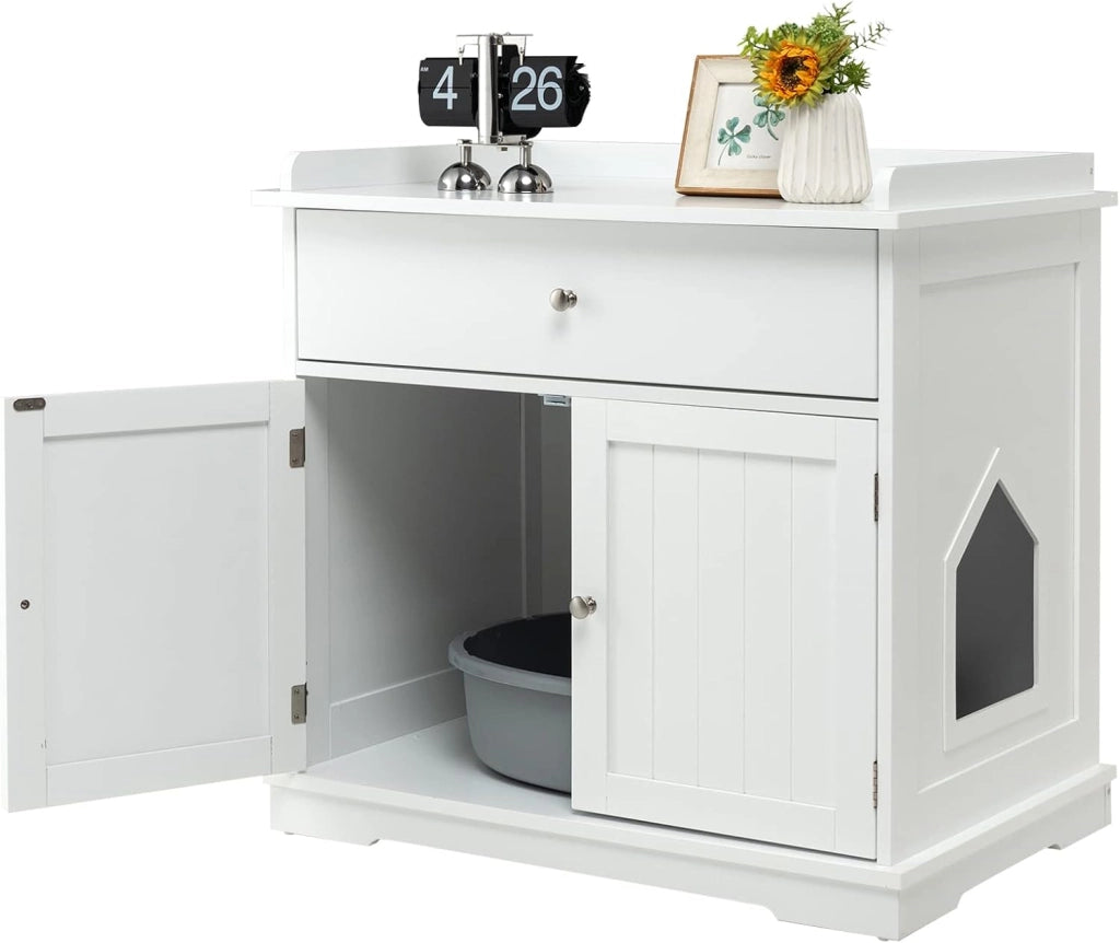 Mobile per Lettiera Gatti in Legno, con Portaoggetti, 2 Ante, Cassetto e Ingresso Laterale, Mobiletto Multiuso per Ingresso e Soggiorno, 76 x 53 x 74 cm, Carico Massimo 30 kg (Bianco)