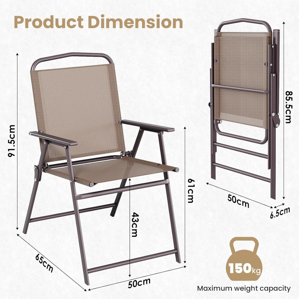 Set di 2 sedie pieghevoli con schienale, braccioli, sedie da terrazza, sedie da pranzo, fino a 150 kg, sedia pieghevole per campeggio, spiaggia, giardino, piscina, terrazza, marrone