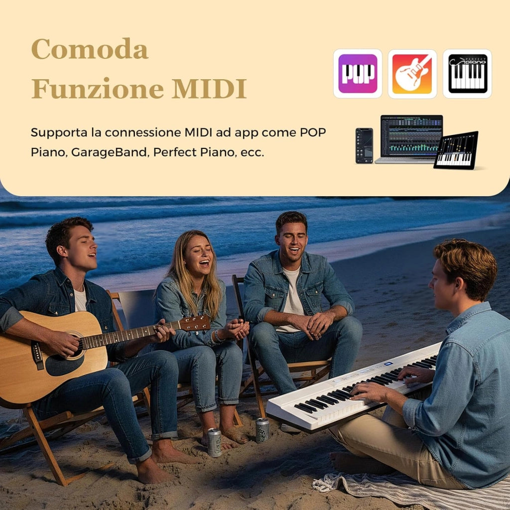 Tastiera Pianoforte Elettrico a 88 Tasti, Piano Digitale con Supporto e Sgabello Regolabili, Tastiera Sensibile, Tasti e Pulsanti Illuminati, Funzione MIDI, Pedale di Sustain, Cuffie (Bianco)