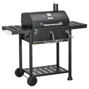Barbecue a Carbone con Coperchio con Termometro, Griglia Regolabile, Ruote e Tavolini, Nero