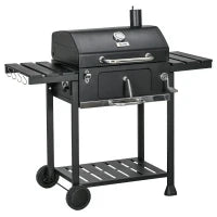 Barbecue a Carbone con Coperchio con Termometro, Griglia Regolabile, Ruote e Tavolini, Nero
