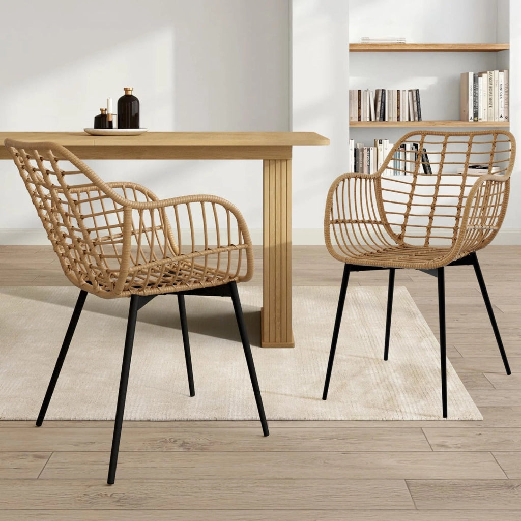 Set di 2 sedie da pranzo SUMMER in rattan con gambe in metallo nero