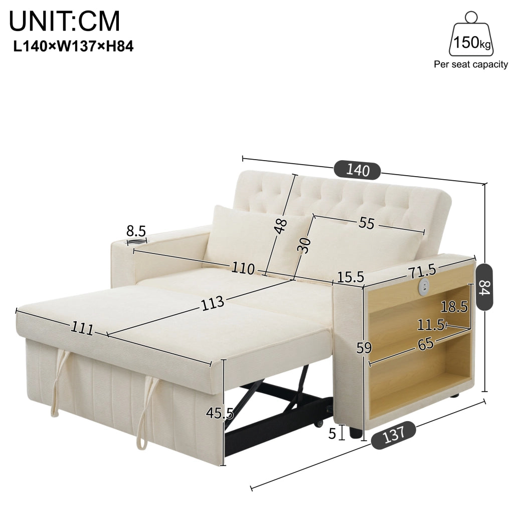 Divano letto 2 posti beige in ciniglia con USB e portabicchieri