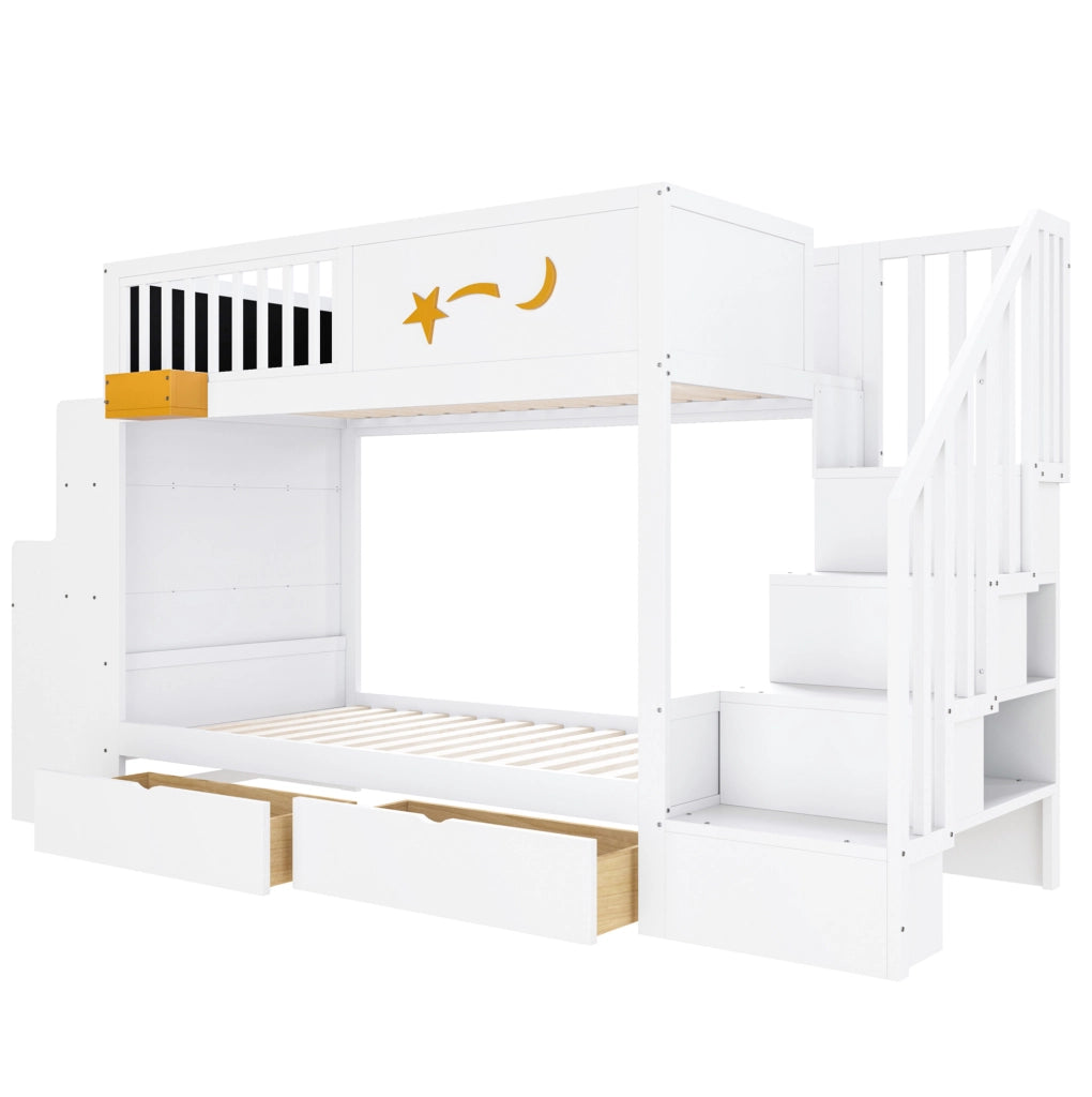 Letto a castello per bambini 90x200 cm con scrivania; 2 cassetti e scala; bianco