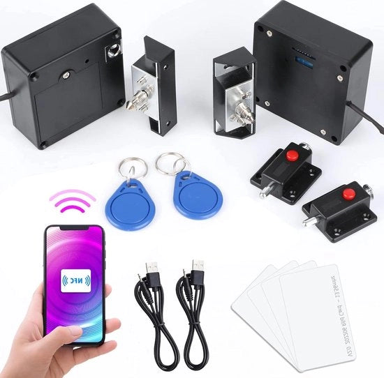 Sistema di chiusura nascosto per cassetti con tecnologia NFC, slot elettronico RFID, doppia porta, cassettiera in legno