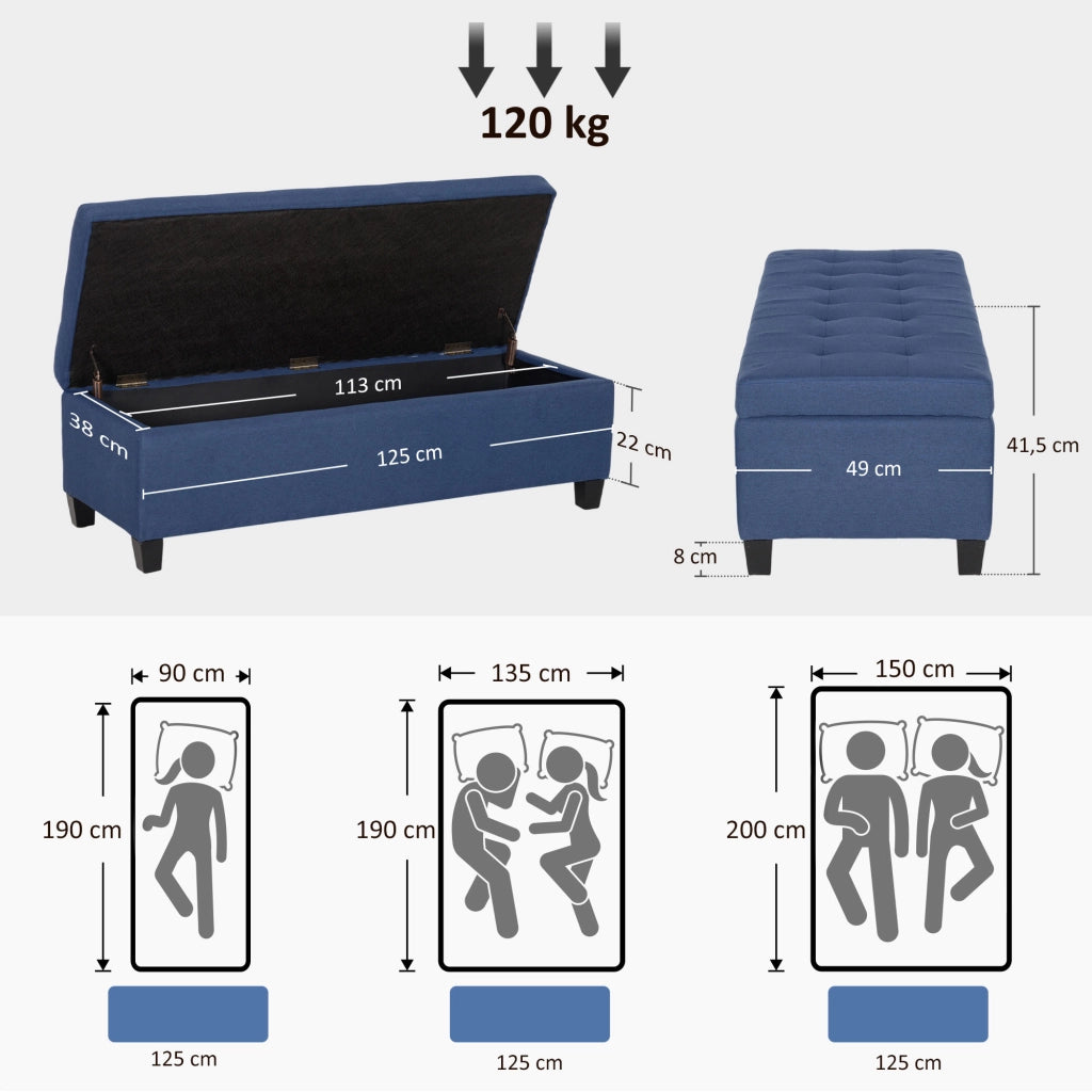 Bancale contenitore imbottito con schienale ¨C zephmum ¨C blu, tessuto, legno, 125x49x41,5 cm