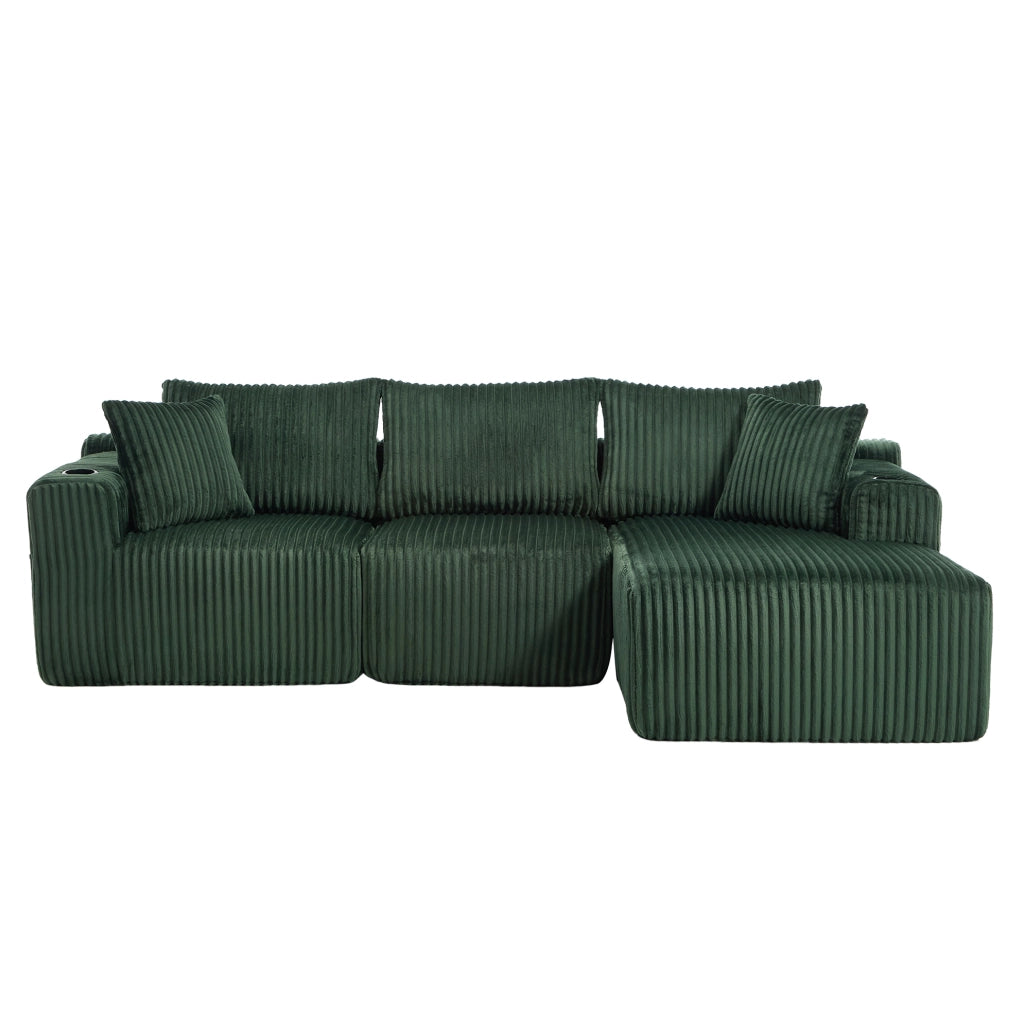 Divano modulare in velluto a coste verde smeraldo con chaise longue