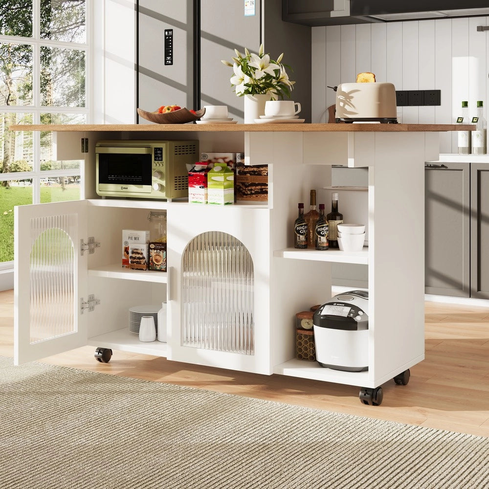 Isola Cucina Multifunzionale con Buffet e Ruote ¨C Xylo ¨C Bianco, Legno, Piano Estraibile