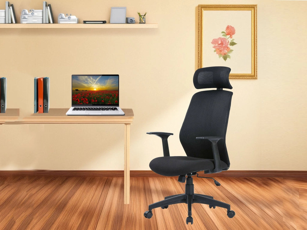 Sedia da ufficio Idro, Poltrona presidenziale con braccioli e poggiatesta, Sedia ergonomica da ufficio, 63x62h117/126 cm, Nero