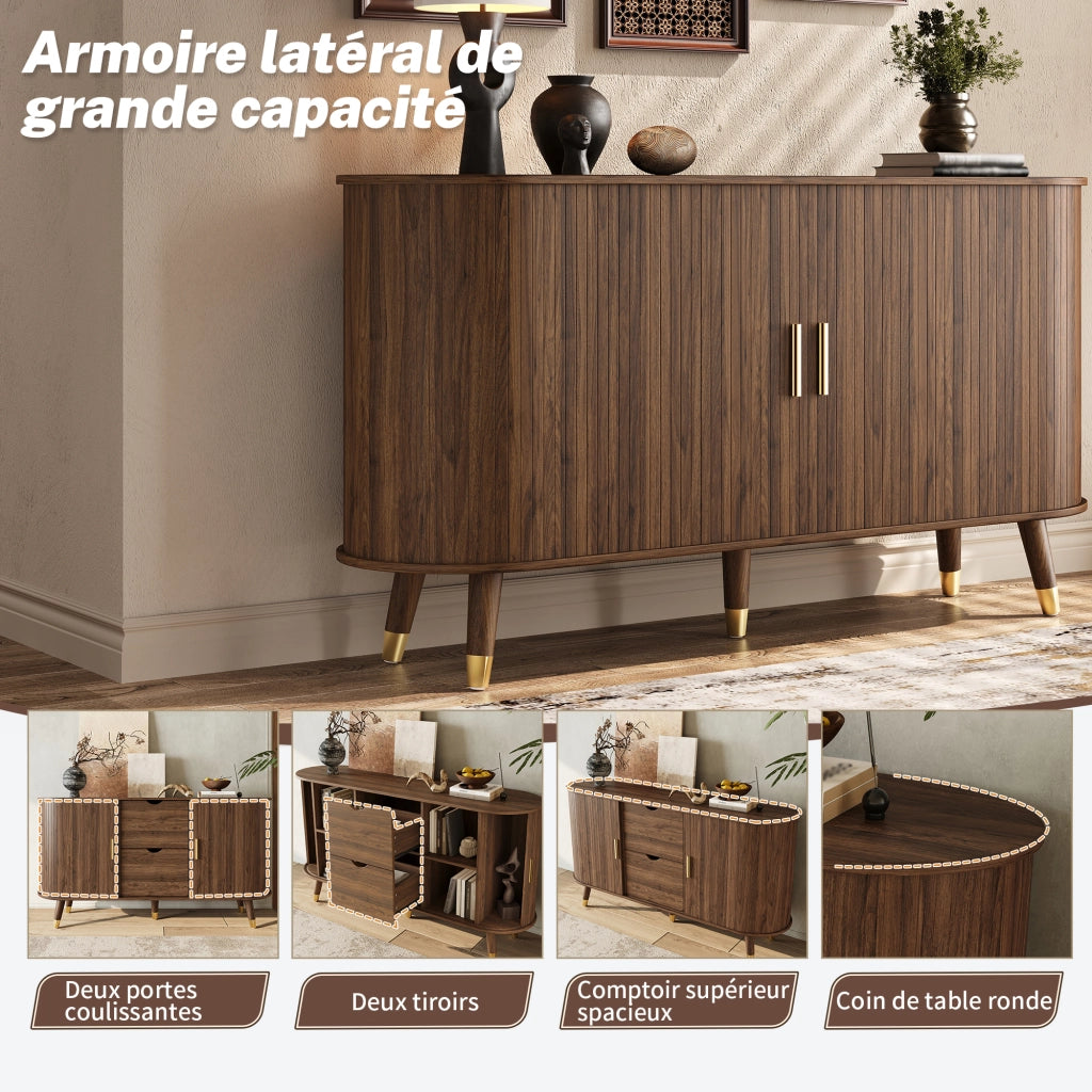 Credenza con 2 Ante Scorrevoli e 2 Cassetti; Angoli Arrotondati; Stile Moderno; in MDF; 140×40×79;5 cm; Noce