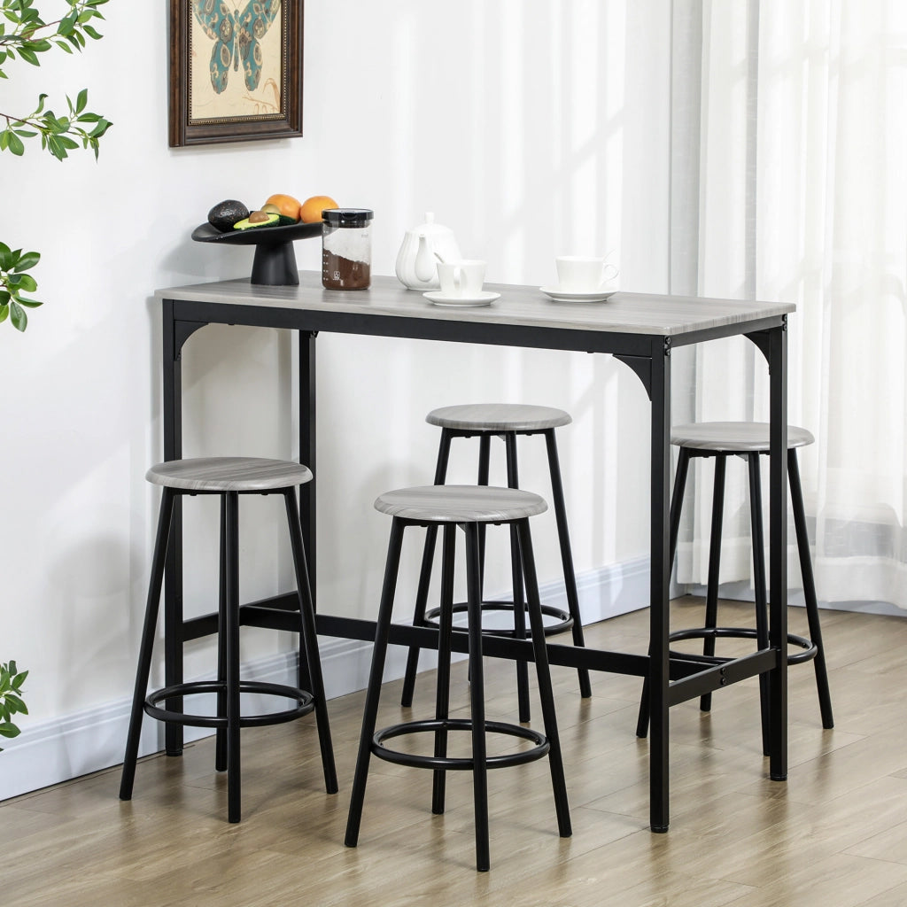 Set tavolo alto con 4 sgabelli, 5 pezzi, design industriale, MDF, grigio