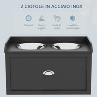 Ciotole per Cani Rialzate 60x30x36 cm in Acciaio Inox e Legno con Cassetto Nero