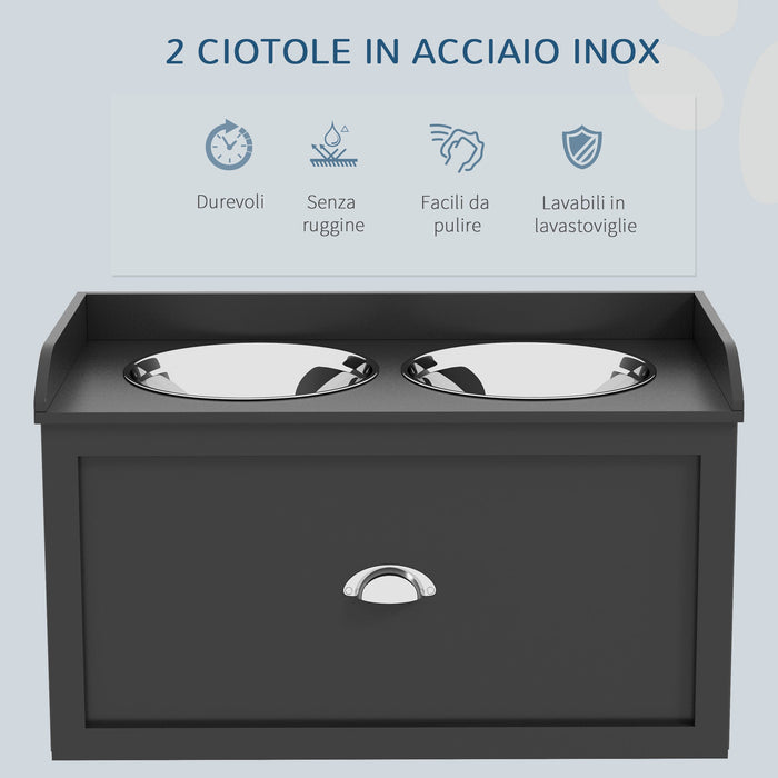 Ciotole per Cani Rialzate 60x30x36 cm in Acciaio Inox e Legno con Cassetto Nero