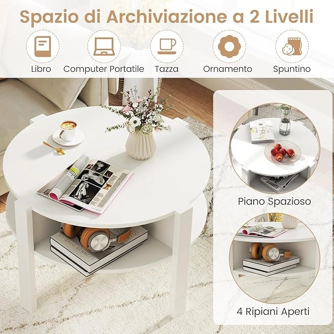 Tavolino da Caffè Rotondo con Ripiano Diviso a 4, Tavolino Basso in Legno Moderno, Tavolo per Salotto, Soggiorno e Cameretta, 74,5 x 74,5 x 45,5 cm, Bianco (Bianco)