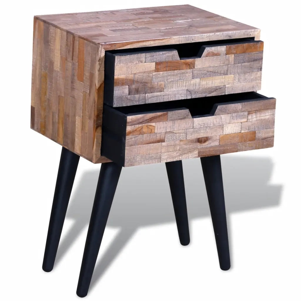 Comodino | Armadio da Notte | Mobiletto da notte con 2 Cassetti in Legno di Recupero di Teak