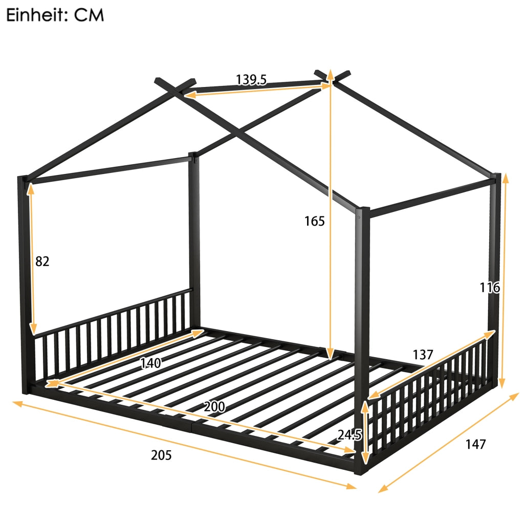 Letto per bambini in ferro nero 140x200 cm con struttura a forma di casa