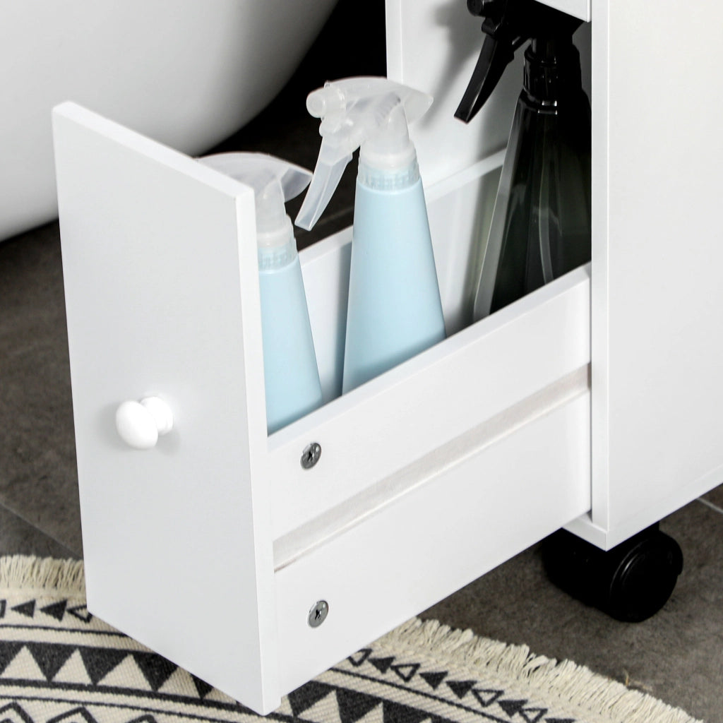 Armadietto da bagno con 2 cassetti, vano aperto, ruote e freni, per spazi piccoli, bianco, 16 × 49,5 × 66 cm