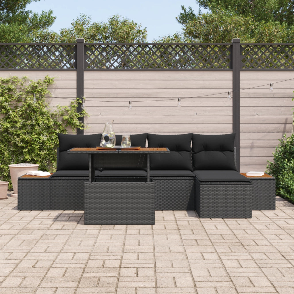 Set da Pranzo da Giardino da 6 pezzi con Cuscini in Rattan Nero e Marrone