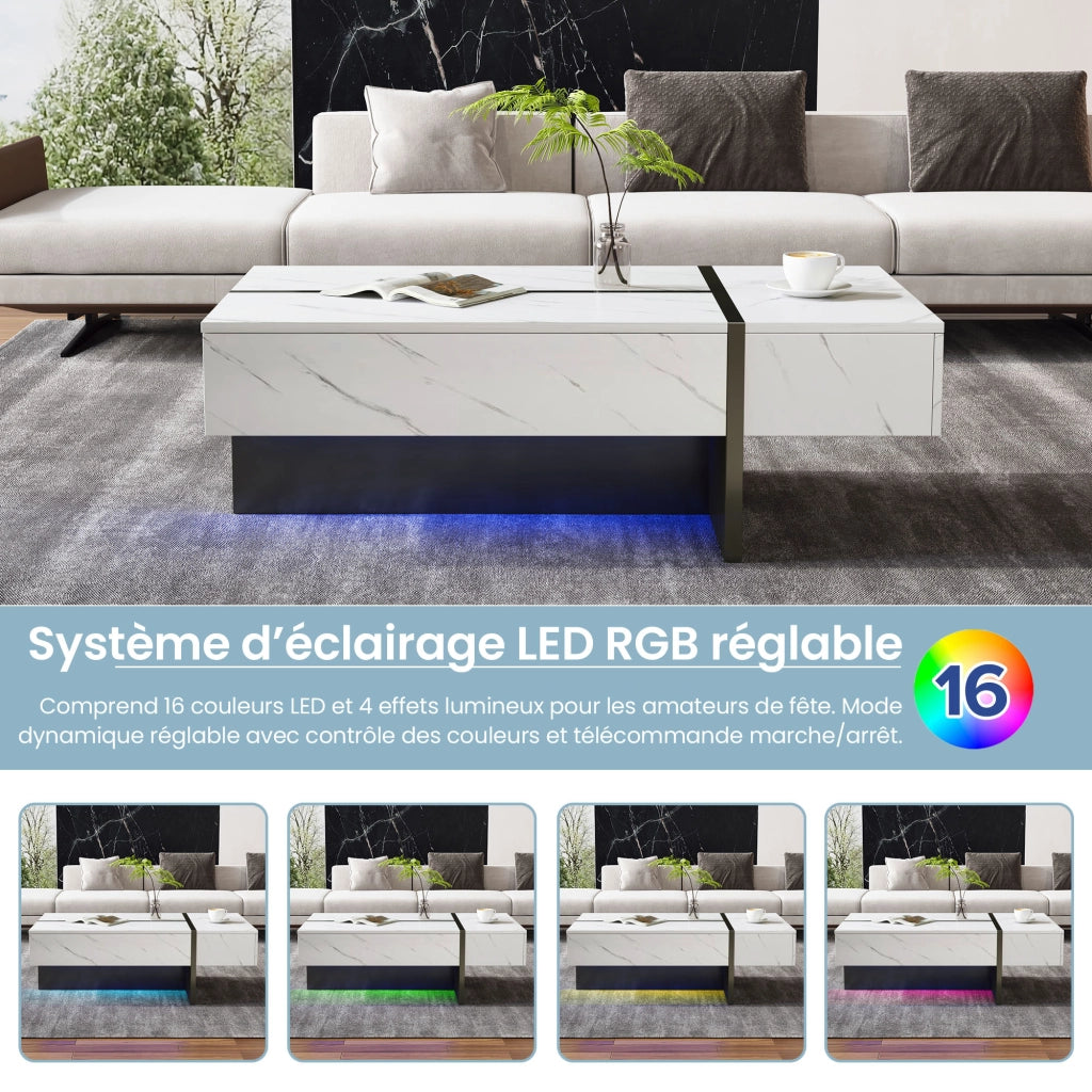 Tavolino da salotto con 3 Cassetti e LED controllato da app; Piano Lucido Effetto Marmo; Soggiorno; 105 × 60 × 35 cm