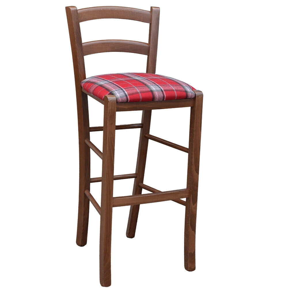 Sgabello Venezia legno noce scuro h 73 cm con seduta in stoffa tessuto scozzese