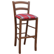 Sgabello Venezia legno noce scuro h 73 cm con seduta in stoffa tessuto scozzese