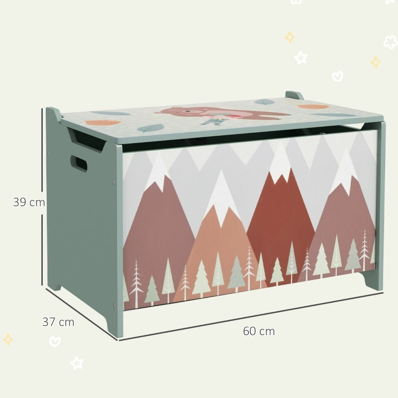 Cassapanca per giochi in legno con coperchio ribaltabile verde, contenitore per bambini, 60 x 37 x 39 cm