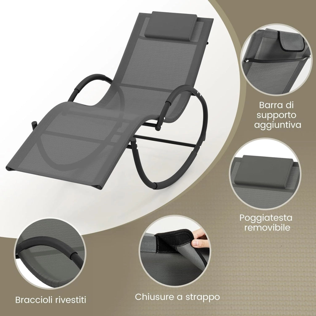 Sdraio a Dondolo da Giardino, Sedia a Dondolo Gravità Zero con Poggiatesta Rimovibile, Braccioli, Schienale e Seduta Traspiranti, Sdraio Solare per Patio, Giardino, Portata 160 kg (Grigio)