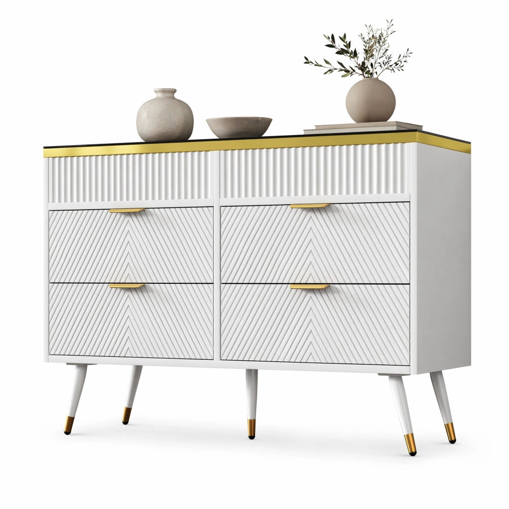 Credenza con 6 cassetti e ante in vetro; 120 x 40 x 76 cm; bianca