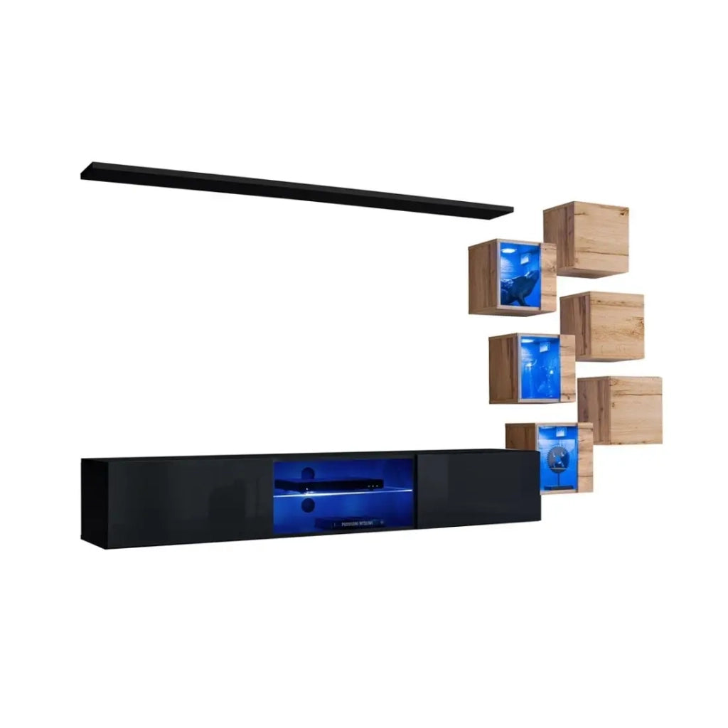 Set mobili da soggiorno SWITCH XXI – LED – Nero e quercia – Design sospeso