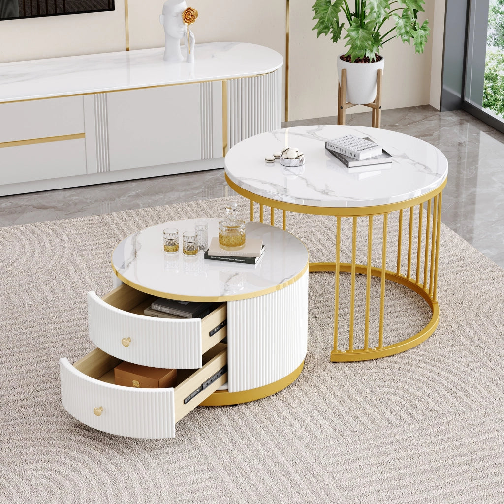 Set di tavolini da caffè 60x60x45.5 cm e 50x50x32 cm; effetto marmo lucido; 2 cassetti; MDF bianco