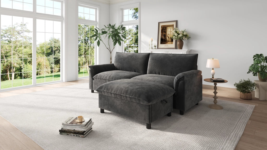 Divano modulare con pouf contenitore funzione letto temporaneo schienale alto in chenille nero 216 × 77 × 82 cm