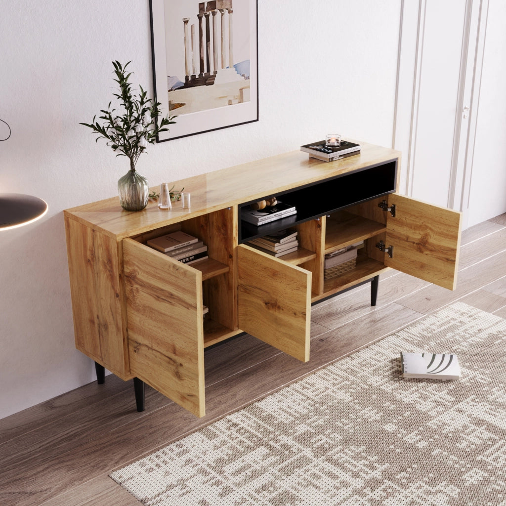 Credenza 160x35x76 cm con 3 ante e ripiani; MDF