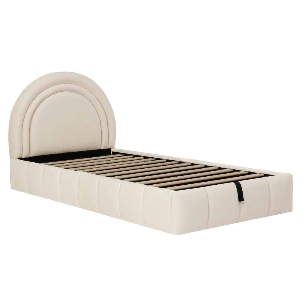 Letto imbottito per bambini 90x200 cm con rete a doghe, contenitore salvaspazio, velluto beige